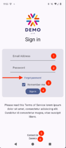 Screenshot of the demo app with a red arrow pointing at the 'Forgot password' link.