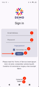 Screenshot of the demo app with a red arrow pointing at the 'Sign in' button.
