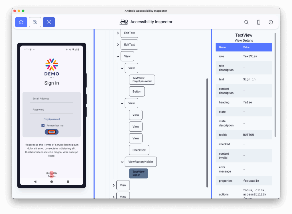 Screenshot of the demo app next to a screenshot of the Android Accessibility Inspector, showing a tree-view of the content structure with highlighting on the 'TreeView. Sign in' element. Next to the tree-view is a list of accessibility properties, including the 'tooltip' value of 'BUTTON'.