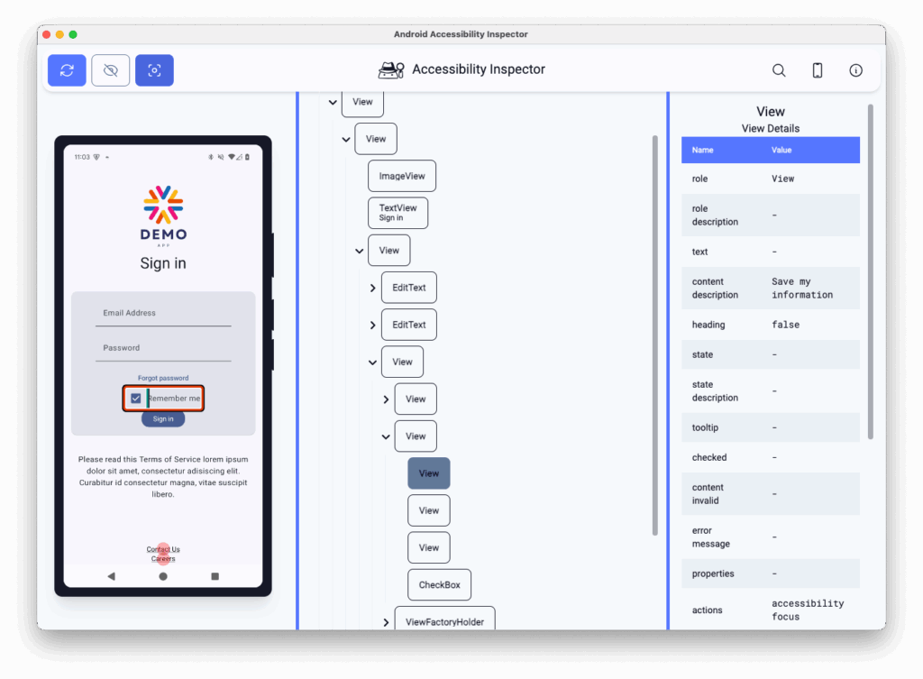 Screenshot of the demo app next to a screenshot of the Android Accessibility Inspector, showing a tree-view of the content structure with highlighting on the 'View' element representing the 'Remember me' label. Next to the tree-view is a list of accessibility properties, including the 'content description' value of 'Save my information'.