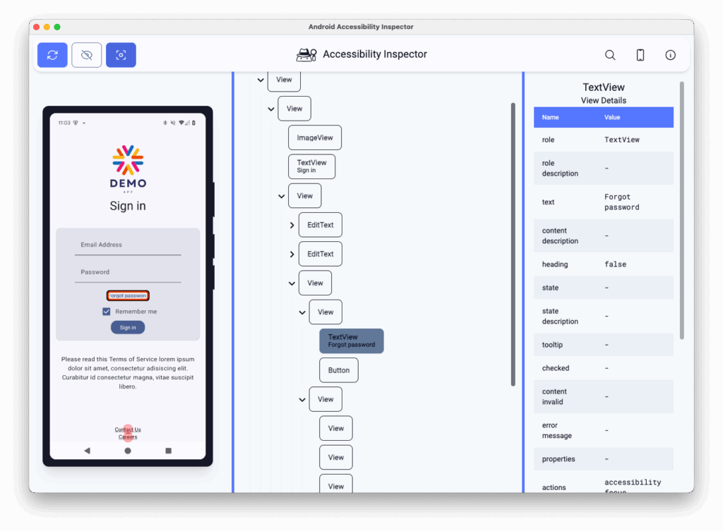 Screenshot of the demo app next to a screenshot of the Android Accessibility Inspector, showing a tree-view of the content structure with highlighting on the 'TreeView. Forgot password' element. Next to the tree-view is a list of accessibility properties, in which the 'focusable' property is missing.
