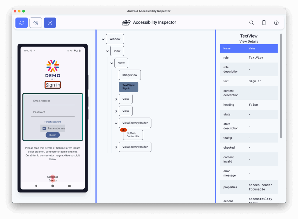 Screenshot of the demo app next to a screenshot of the Android Accessibility Inspector, showing a tree-view of the content structure with highlighting on the 'TreeView. Sign in' element. Next to the tree-view is a list of accessibility properties, including the false 'heading' property.