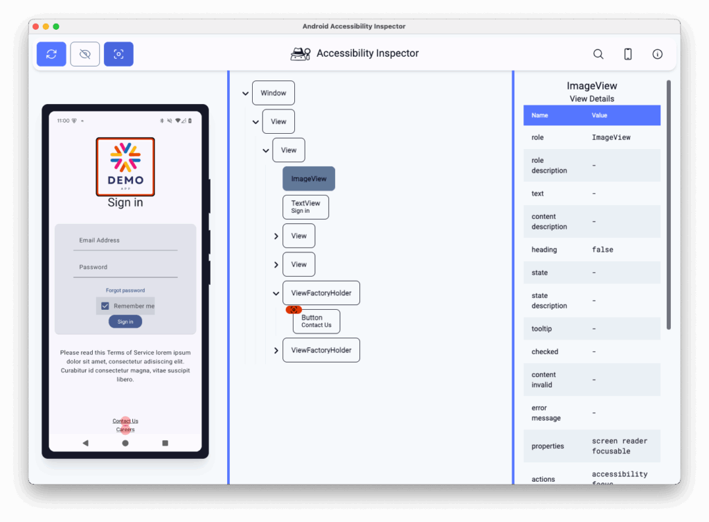 Screenshot of the demo app next to a screenshot of the Android Accessibility Inspector, showing a tree-view of the content structure with highlighting on the 'ImageView' element representing the logo. Next to the tree-view is a list of accessibility properties, including the empty 'content description' value.