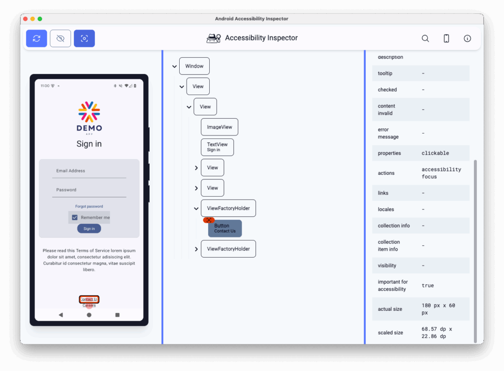 Screenshot of the demo app next to a screenshot of the Android Accessibility Inspector, showing a tree-view of the content structure with highlighting on the 'Button. Contact us' element. Next to the tree-view is a list of accessibility properties, including the insufficient 'scaled size' values.