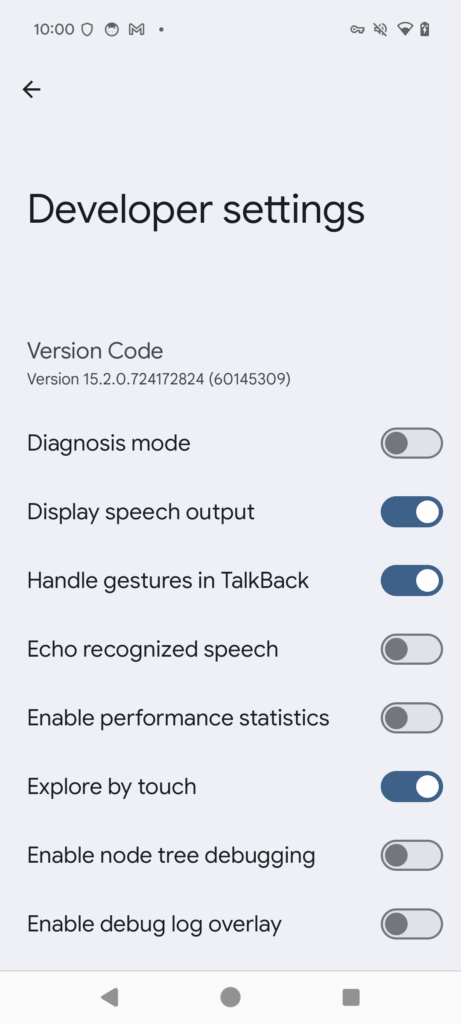 TalkBack Developer settings page in Android, showing that the Display speech output switch is enabled.
