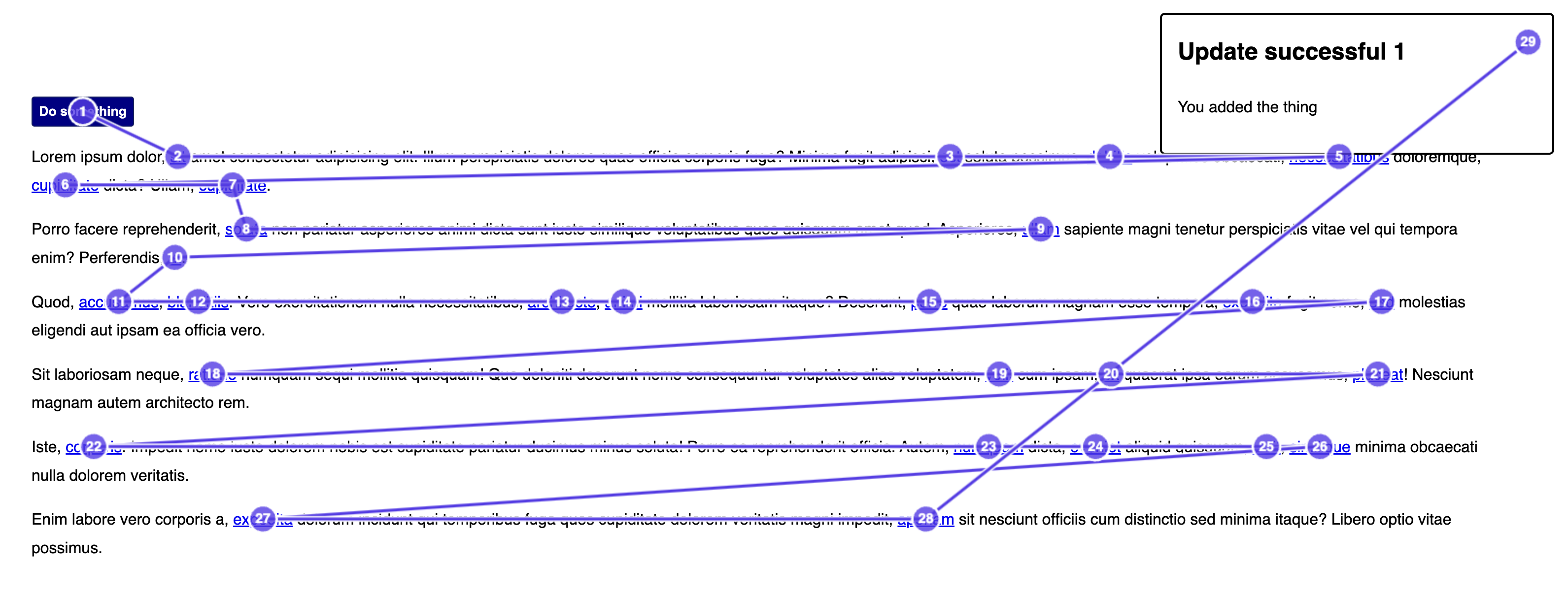A 'toast' with a 'Close' button is visible, but there are 29 TAB stops to get to it by keyboard.