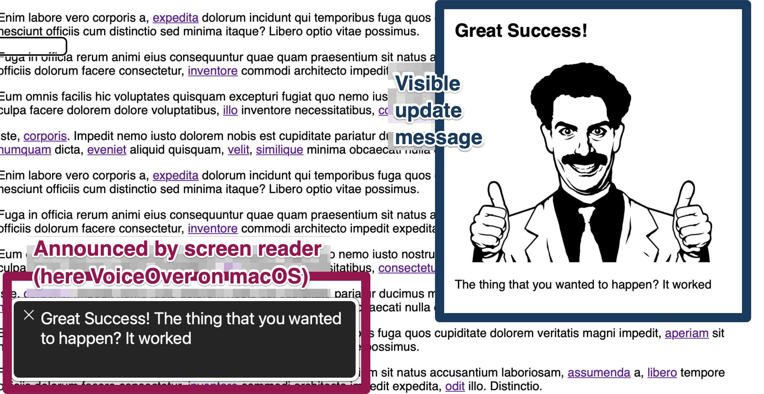 The example from earlier shows a message visibly shown on screen with some heading text 'Great Success!', an image of movie character Borat holding up two thumbs and a subsequent message  'The thing that you wanted to happen? It worked'. Also shown is the speech output panel of VoiceOver on macOS announcing 'Great Success! The thing that you wanted to happen? It worked'