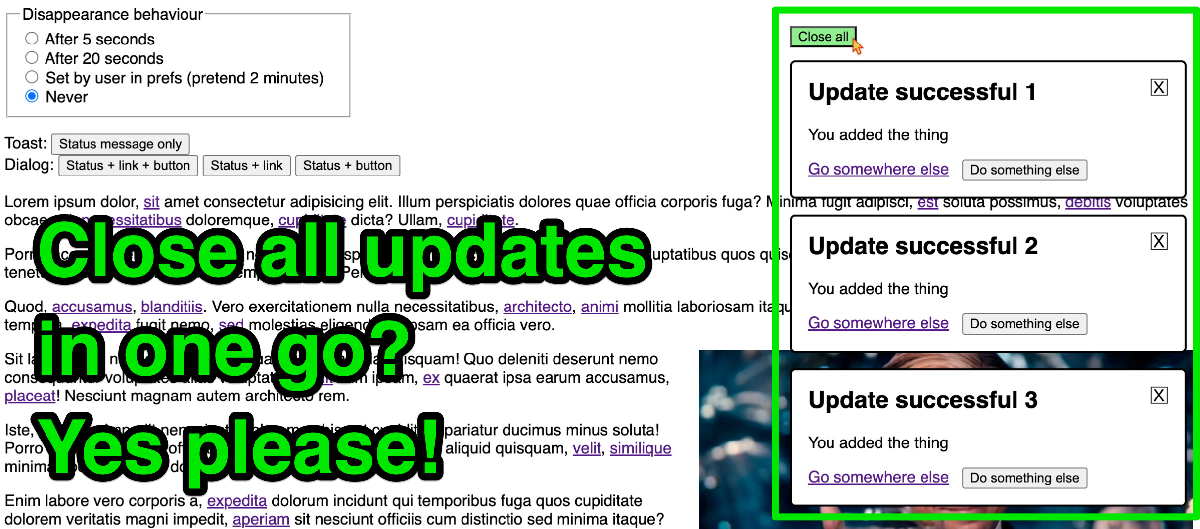 A close all button is showing once there are 3 or more updates showing