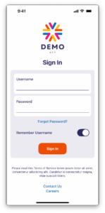 Screenshot of the demo app, taken on an iPhone in portrait mode. The app consists of components that are typically found on an app's home screen (from top to bottom): simple colorful logo with 'Demo app' text, 'Sign in' heading, username and password fields, 'Forgot password' link, 'Remember username' switch control, bold orange 'Sign in' button, some terms and conditions text, and a couple of footer links.