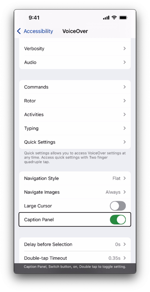 VoiceOver settings page in iOS, showing that the Caption Panel switch is enabled.