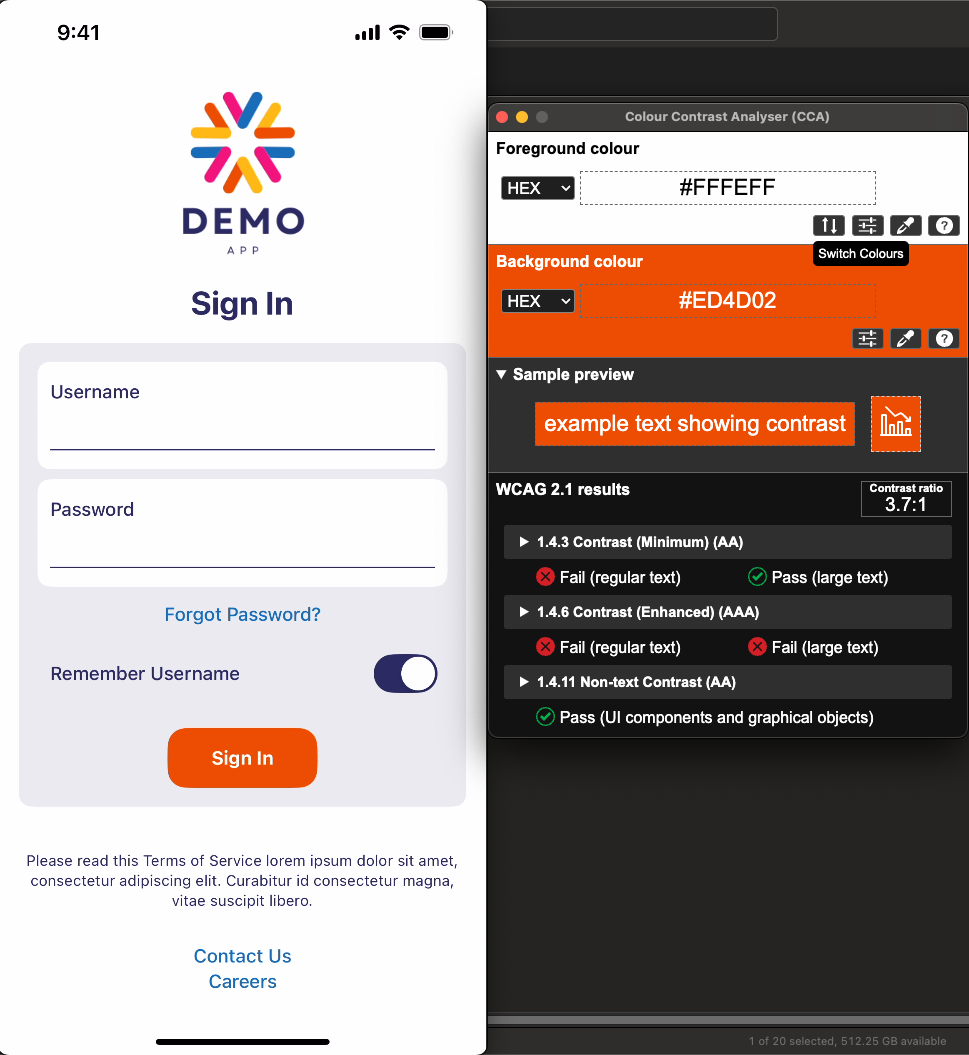 Screenshot of the demo app next to a screenshot of the Colour Contrast Analyser tool, where the tool is showing information for the bold orange 'Sign in' button. The foreground color is #FFFFFF and the background is #ED4D02.
