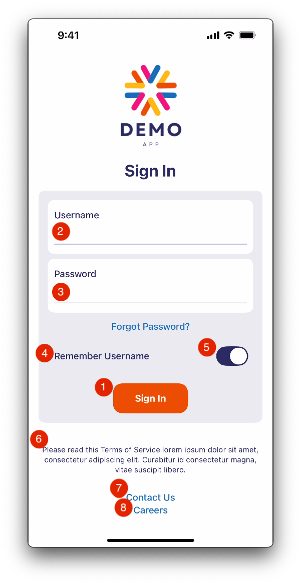 Screenshot of the demo app with a red number next to each component, showing that the focus order and visual order don't match.