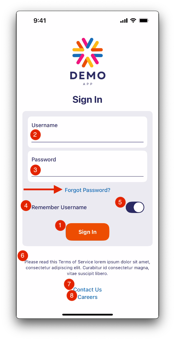 Screenshot of the demo app with a red arrow pointing at the 'Forgot password' link.