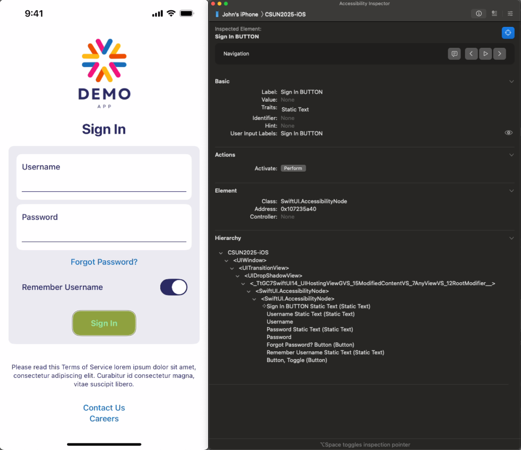 Screenshot of the demo app next to a screenshot of the Accessibility Inspector, which has details of the 'Sign in' button properties, and a hierarchical view of its position in the content structure, while the app screenshot shows a highlight around the button.