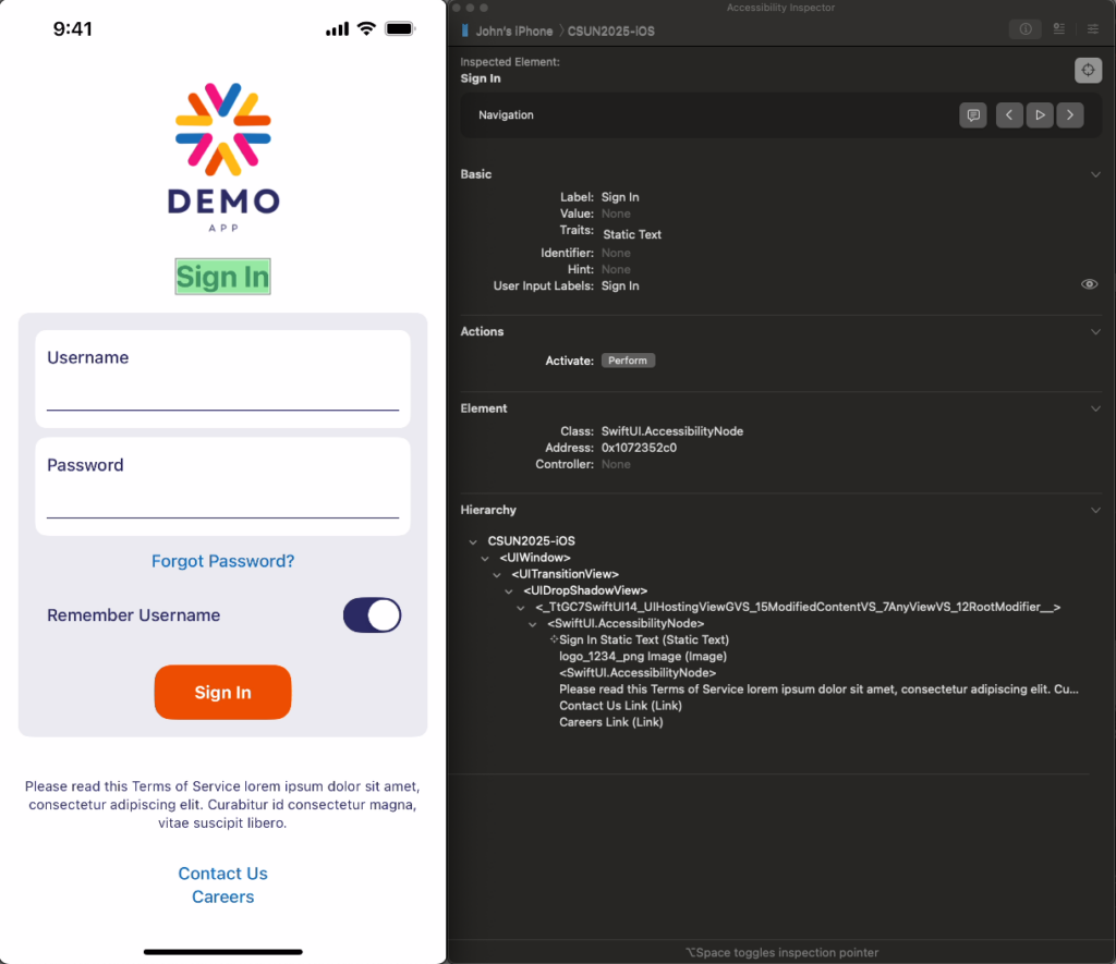 Screenshot of the demo app next to a screenshot of the Accessibility Inspector, which has details of the 'Sign in' heading properties, and a hierarchical view of its position in the content structure, while the app screenshot shows a highlight around the heading.