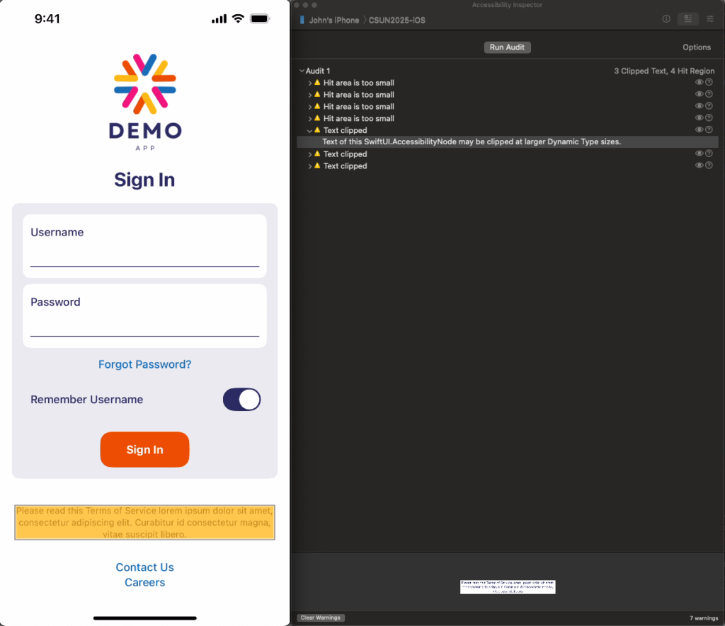Screenshot of the demo app next to a screenshot of the Accessibility Inspector, showing a list of multiple errors described as 'Hit area too small' or 'Text clipped', while the app screenshot shows a highlight around the terms and conditions text.
