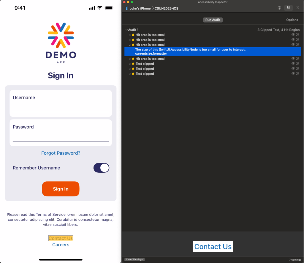 Screenshot of the demo app next to a screenshot of the Accessibility Inspector, showing a list of multiple errors described as 'Hit area too small' or 'Text clipped', while the app screenshot shows a highlight around the 'Contact us' footer link.