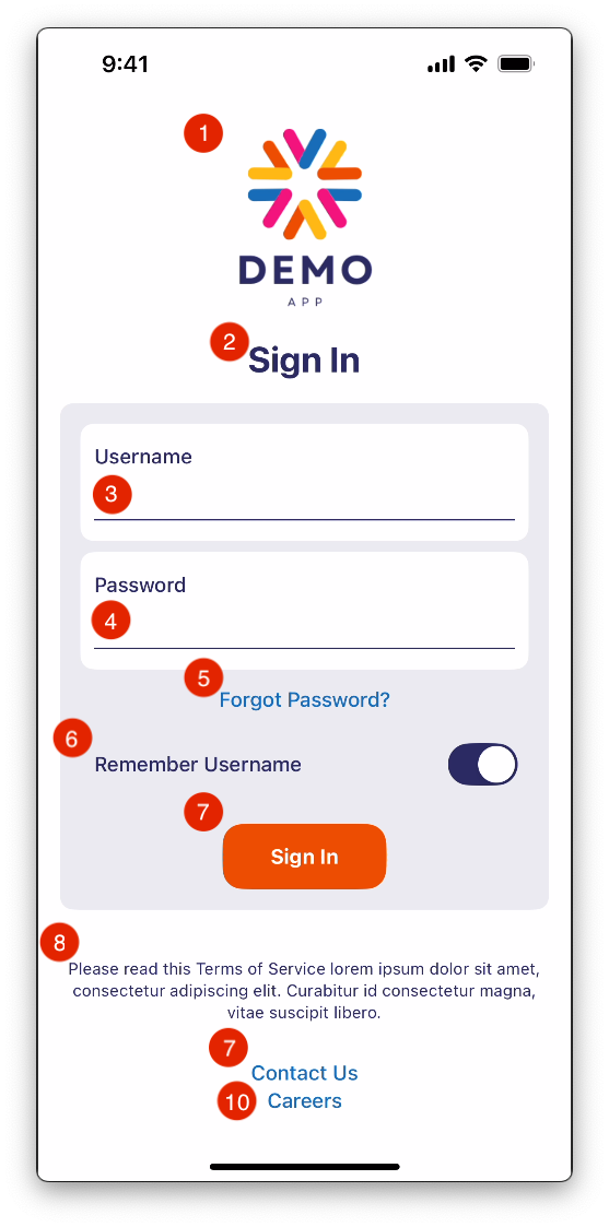 Screenshot of the demo app with a red number next to each component, showing that the reading order and visual order don't match.