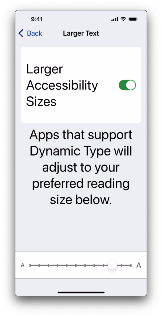 Larger Text settings page in iOS, showing that the Larger Accessibility Sizes switch is enabled.