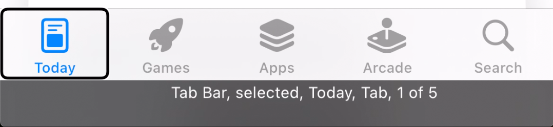 'Today' tab selected. VoiceOver speech output reads 'Tab bar, selected, Today, Tab, 1 of 5'